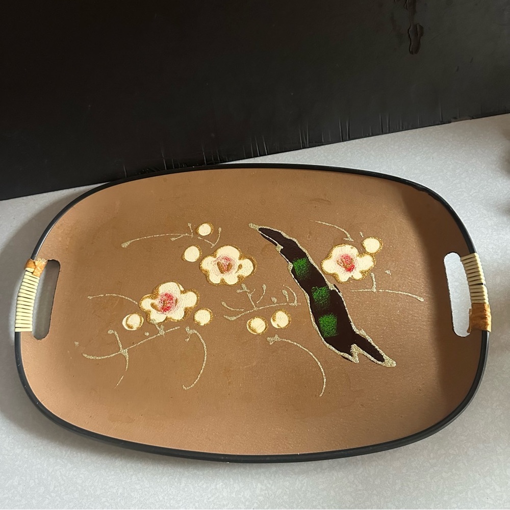 Oval Plastic Cocktail Trays with Rattan Wrapped Handles by Tilso Japan Vintage